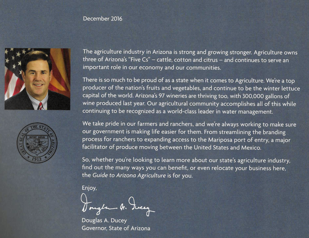 12/2016: Arizona REPUBLICAN Governor Ducey invites FARMERS to grow for EXPORT